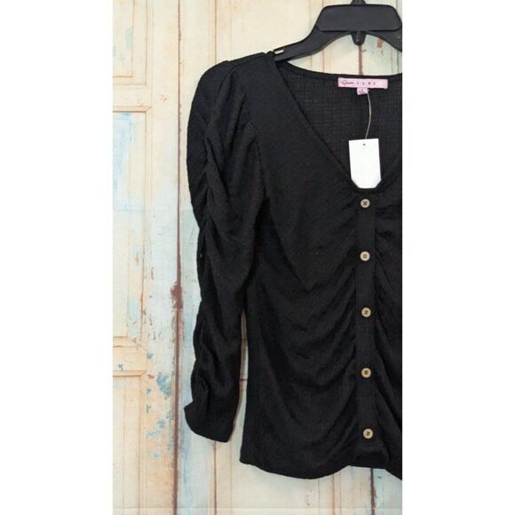 Crave Fame Womens Size Small Black 3/4 Sleeve Ruched Textured Blouse Top - Picture 4 of 10